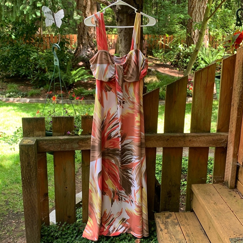 Attitudes by Renee Coral, Pink & Brown Tropical Print Maxi Dress